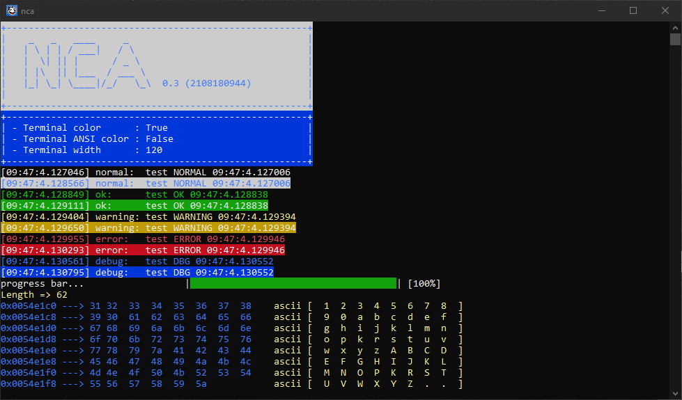 Copie d'écran de NCA montrant l'affichage de logs avec différentes fonctionnalités (couleurs, barre de progressions,…)